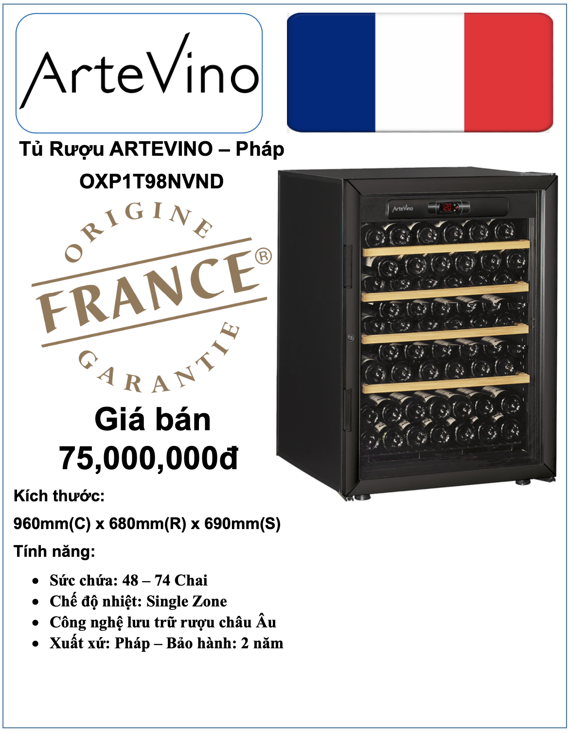 Tủ Rượu Pháp ARTEVINO - Model: OXP1T98NVND