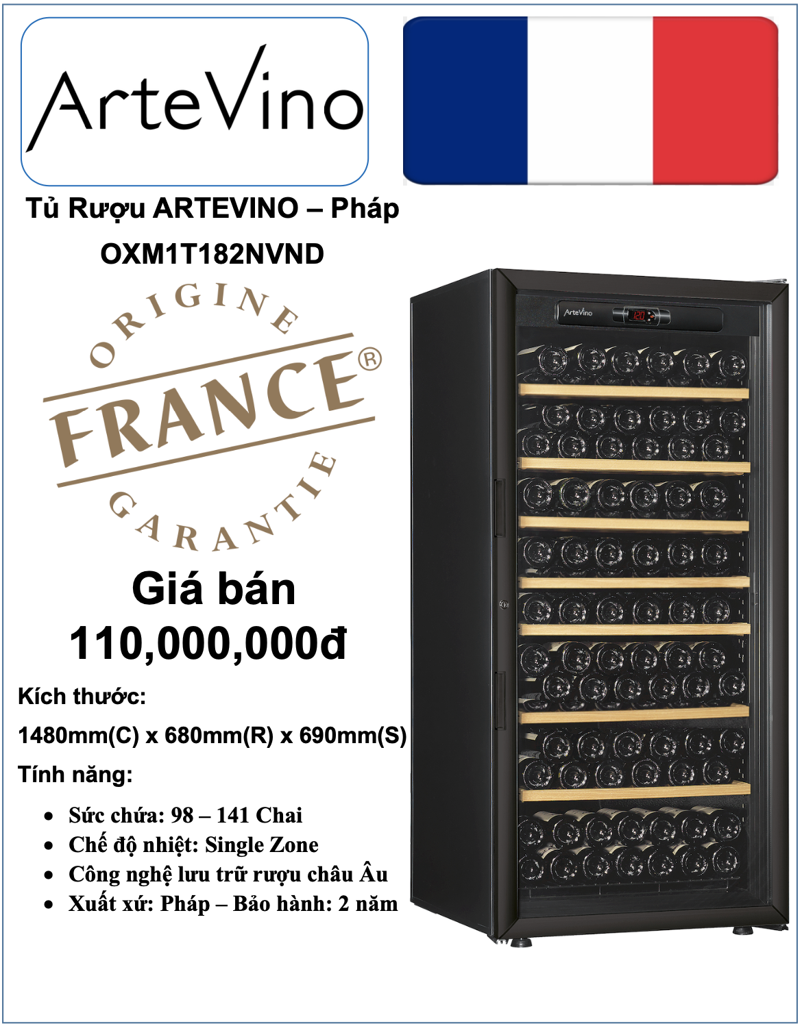Tủ Rượu Pháp ARTEVINO - Model: OXM1T182NVND